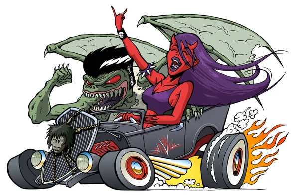 Monster Hotrod Med Körning Demon Tjej Och Monster Rider Shotgun — Stockfoto