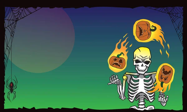 Esqueleto Halloween Malabares Calabazas Llamas Orientación Verde Ancho —  Fotos de Stock