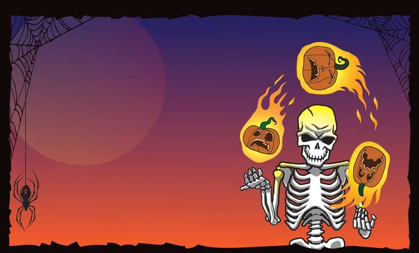 A halloween skeleton juggling flaming pumpkins wide orientation orange
