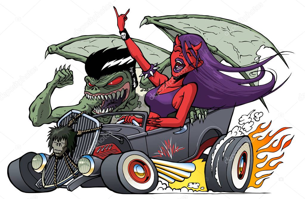 Monster Hot Rod with Driving Demon Girl and monster riding shotgun