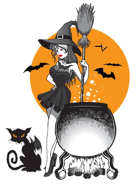 Bruxa Lado Caldeirão Com Gato Louco Halloween — Fotografia de Stock