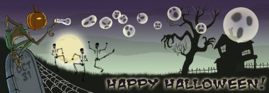 Jack-o-lantern üfleme kabarcıklar iskeletler arka, Cadılar Bayramı türü dans ile hayalet