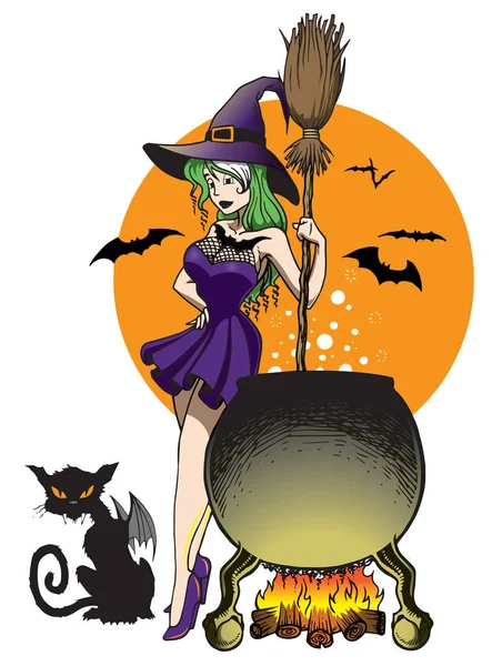 Witch next to cauldron with crazy cat halloween