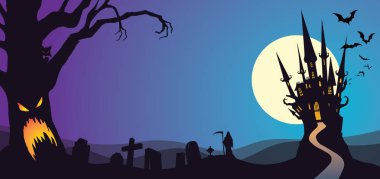 Cadılar Bayramı perili mezarlık Kalesi ve ağaç yüz yarasalar gece gökyüzünde ile