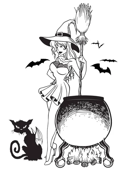 Witch next to cauldron with crazy cat halloween in line art