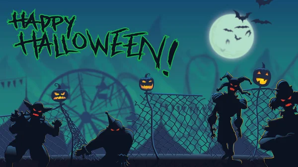Griezelige Halloween Tekens Ontsnappen Uit Haunted Carnaval Bij Maanlicht — Stockfoto