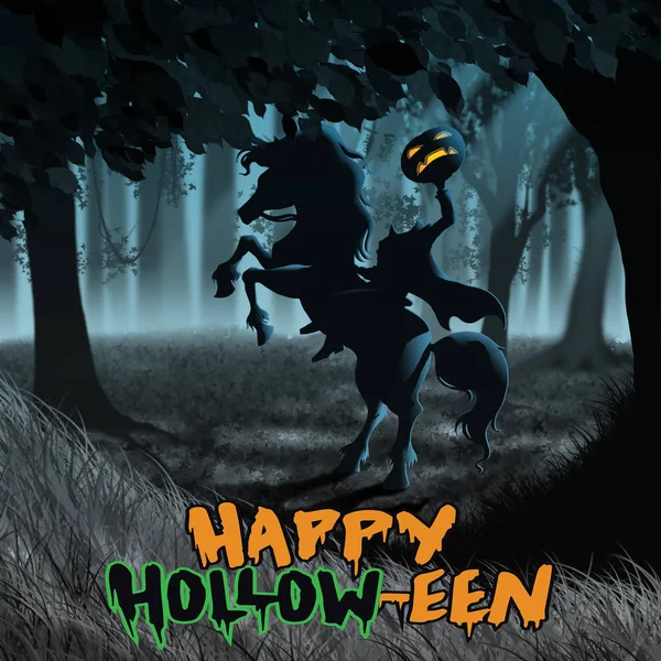 Halloween Cavaleiro Sem Cabeça Com Abóbora Floresta Temperamental Sleepy Hollow Imagens De Bancos De Imagens