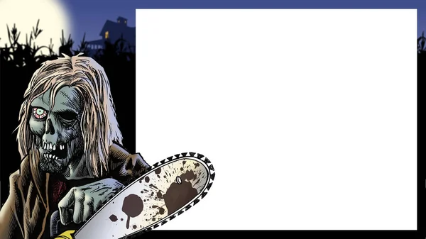 Louco Halloween Chainsaw Zombie Anunciando Informações Casa Assombrada — Fotografia de Stock