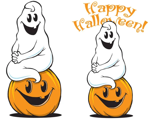 Fantasma Sentado Abóbora Bonito Halloween Arte Imagens De Bancos De Imagens