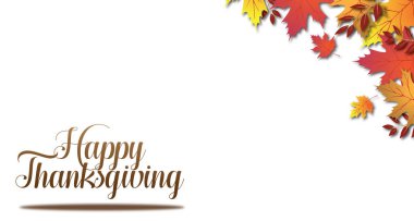 Sonbahar yaprakları ile köşesindeki beyaz izole Happy Thanksgiving türü