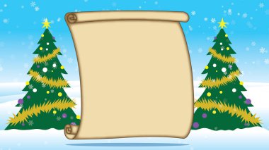 Boş parşömen ile karda dışında neşeli Noel ağaçları