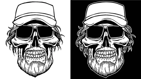 ひげとサングラスを持つ頭蓋骨の黒と白のラインアート — ストック写真