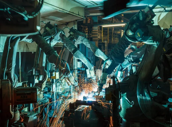 Team Welding Robots Represent Movement Automotive Parts Industry — Stock Photo, Image