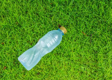 Su küçük şişe yeşil çim zemin üzerine