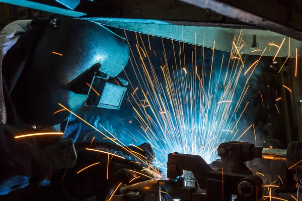 Worker with protective mask welding metal, knowledge to take action Gas welding car industry