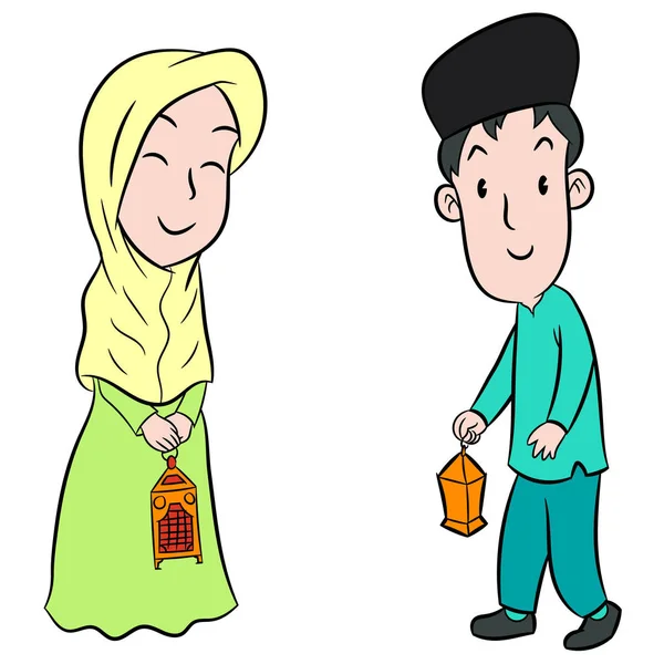 Muslim Anak Anak Dengan Lentera Idul Fitri Desain Kartun Lucu - Stok Vektor
