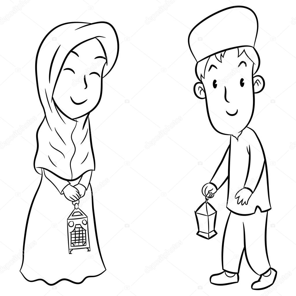 Hand drawn of Muslim Kids with Eid lanterns, black and white drawing for coloring - Vector Illustration.