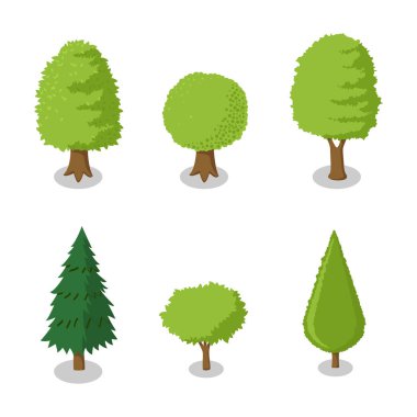 İzometrik ağaç kümesi, yeşil ağaçlar çeşitli bitkilerle park dizi şekilleri - vektör düz çizim.