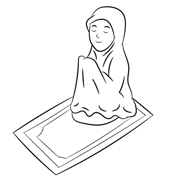 Muslimská Dívka Modlí Izolované Bílém Pozadí Černá Bílá Jednoduchá Čára — Stockový vektor