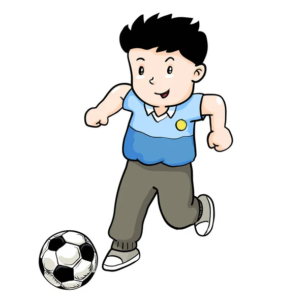 Menino Jogando Futebol Garoto Dos Desenhos Animados Jogar Futebol Vector — Vetor de Stock