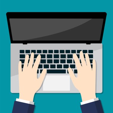 İşadamı el laptop, defter üzerinde yazarak eller klavye-düz vektör çizim.