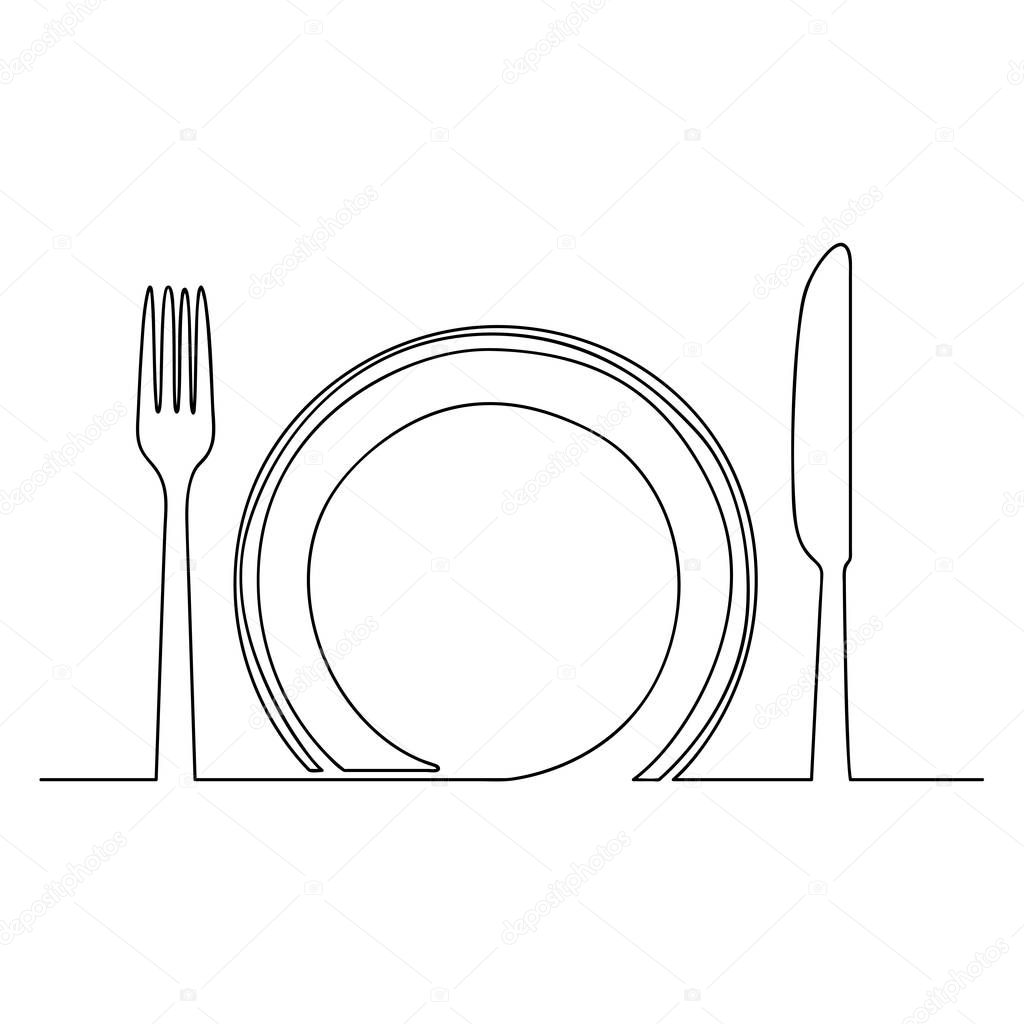 Empty plate, fork and knife, one line drawing isolated on white background-Vector One Line Drawing Vector Illustration.