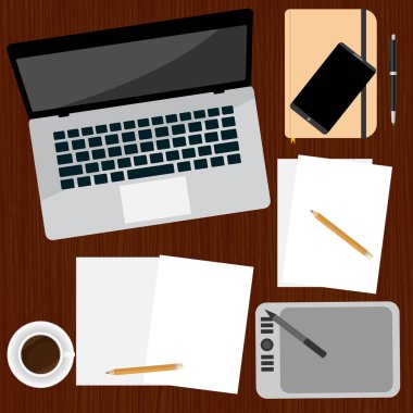 Ahşap yüzey tablo, modern iş ofis ve çalışma alanı, dizüstü bilgisayar, smartphone, Not defteri, kalem, kağıt, günlüğü ve kahve kupa - düz vektör çizim, düz ayarlamak vektör tasarım çizim gerçekçi işyeri kuruluşunun üstten görünüm.