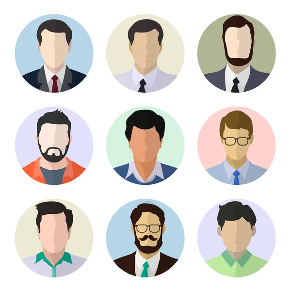 Masculino Avatar Rostros Humanos Conjunto Iconos Personas Estilo Plano Con — Archivo Imágenes Vectoriales