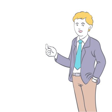 Ayakta, işadamı karakter tasarım iş adamı iş kavramı için çalışıyordu. Beyaz arka plan üzerinde çizgi film göl kenarında. Çizilmiş vektör çizim el.