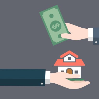 İşadamı el eve diğer eliyle para para verir. Kiralık Konut, Satılık Emlak kavramsal - vektör düz exchange kavramsal Emlak Tasarım