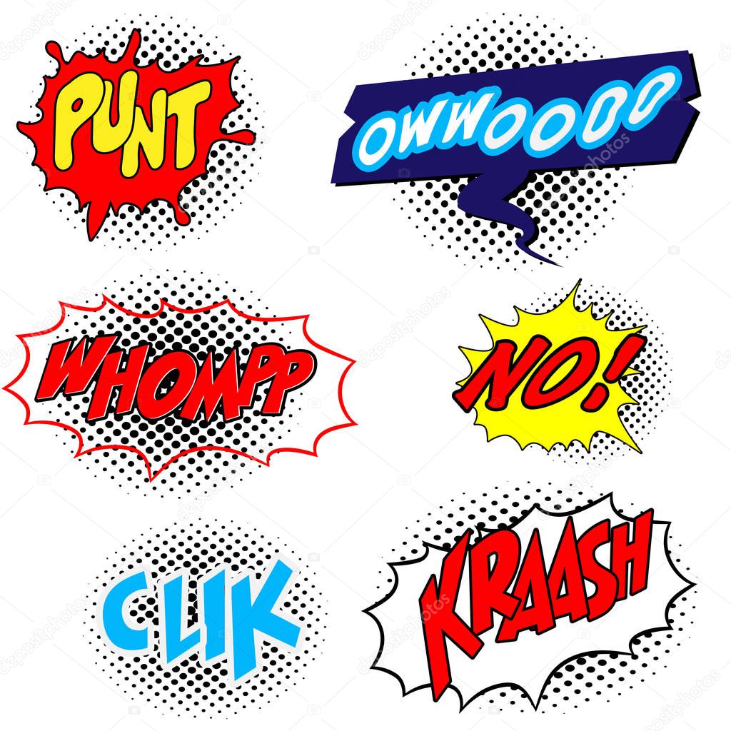Set of Comic expression Text on dot half tone, Comic sound effects. Sound bubble speech with word and comic cartoon expression sounds illustration. Pop art vector style.