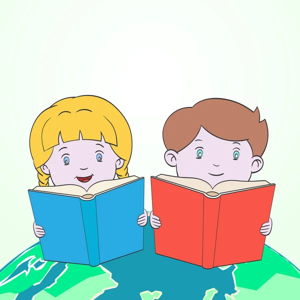 Niños Leyendo Libro Mapa Del Mundo Para Concepto Educación Dibujos — Vector de stock