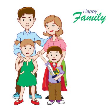 Mutlu aile, ebeveynler, erkek ve kız metin mutlu aile, renkli - karikatür vektör çizim ile izole.