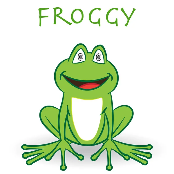 Ein Grüner Lächelnder Frosch Sitzt Isoliert Auf Weißem Hintergrund Zeichentrickvektorillustration — Stockvektor