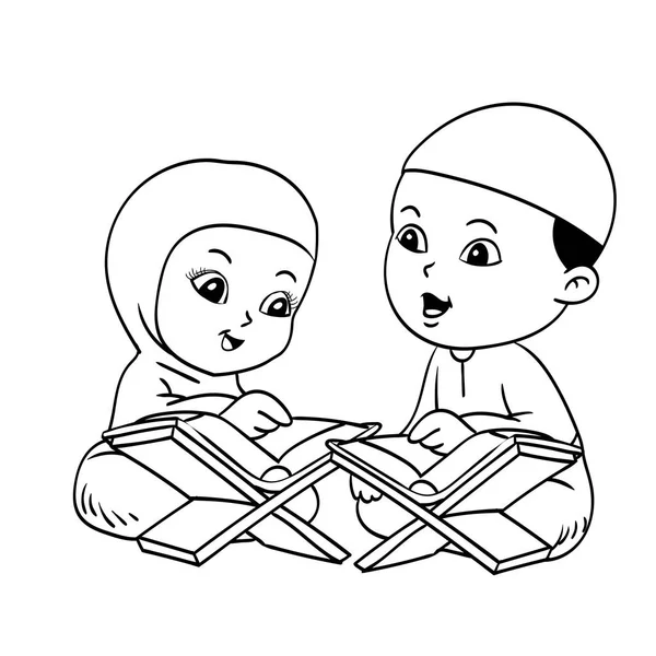 Muslim Kids Learnig Quran Tangan Digambar Untuk Buku Mewarnai Terisolasi - Stok Vektor