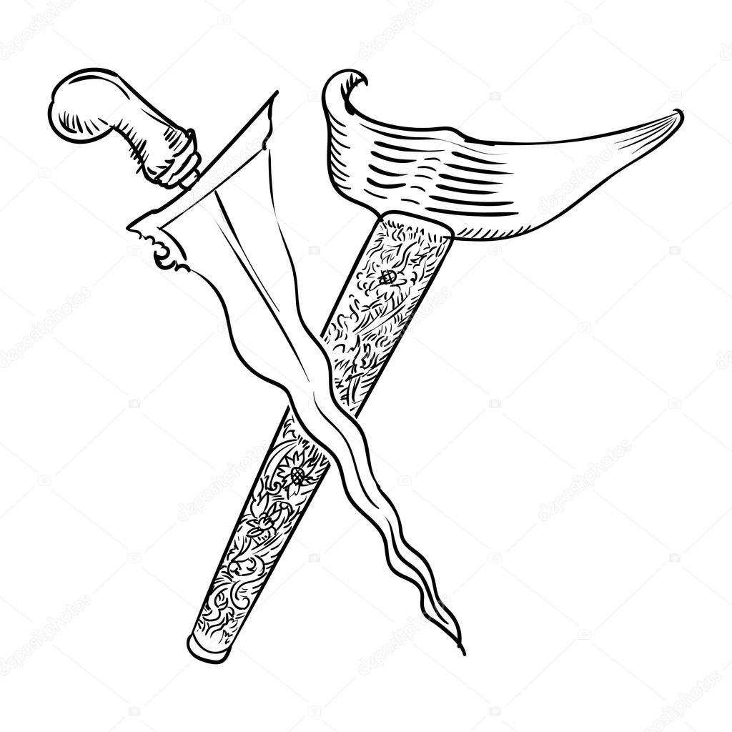 Malay Dagger or Keris Hand drawn for coloring book, isolated on white background - Vector Illustration.