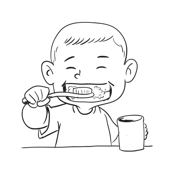 Illustration Boy Make Toothbrush Cheerful Children Toothbrushes Outline White Background — Stock Vector