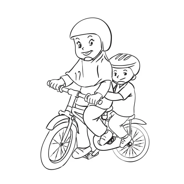Barn Cykling Tecknad Illustration Flicka Och Pojke Rida Cykel Hand — Stock vektor