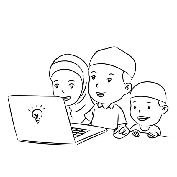 Crianças Muçulmanas Assistindo Mão Desktop Desenhado Para Colorir Livro Conceito — Vetor de Stock