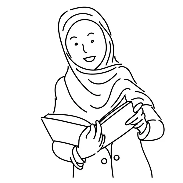 Muslimských Žen Nosí Hidžáb Drží Knihu Styl Jednoduché Čáry Kreslené — Stockový vektor