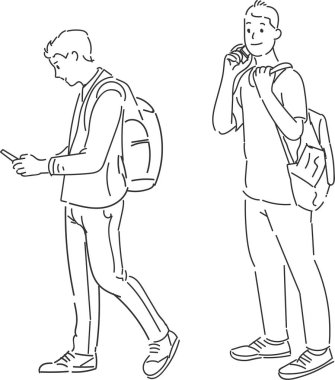 Men standing using smart phone carrying backpack, hand drawn style vector design illustration.
