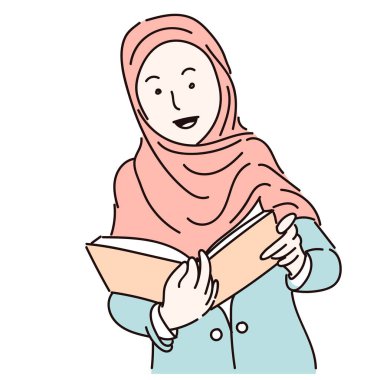 Müslüman kadınlar bir kitap, hijab giyen karikatür tarzı, iş ve eğitim kavramı - vektör çizim düz tasarımı için
