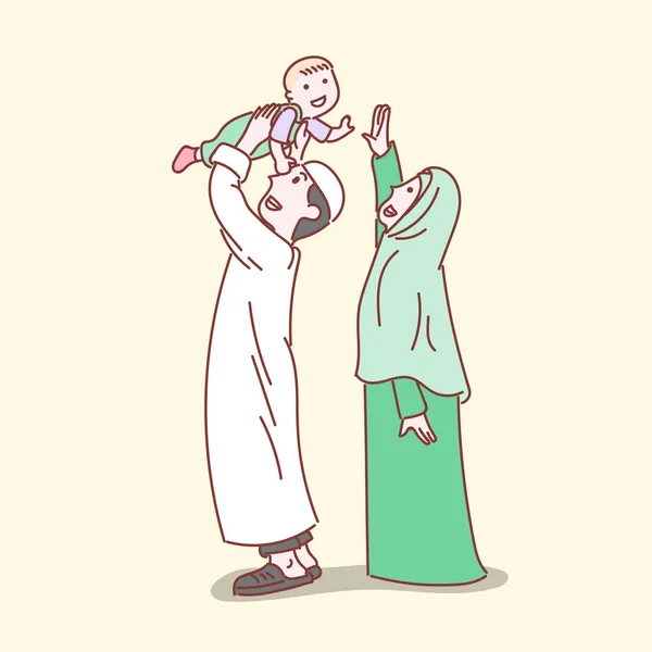 Happy Muslim Keluarga Dengan Ayah Ibu Dan Anak Wanita Mengenakan - Stok Vektor