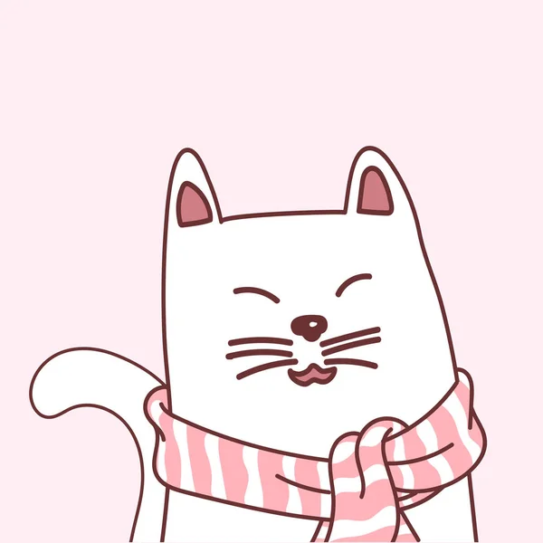 可爱的白猫与粉红色的围巾 人物设计 涂鸦卡通风格 矢量插图 — 图库矢量图片