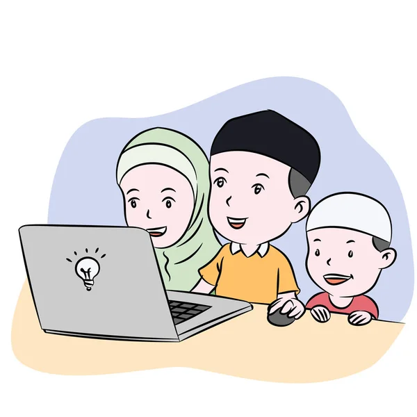 Muslim Kids Watching Desktop Hand Drawn Coloring Book Education Concept — Stock Vector