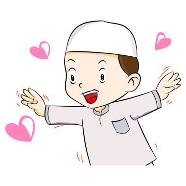 Kalp şeklinde, beyaz arka plan üzerinde vektör illüstrasyon izole mutlu Müslüman Çocuk resmi