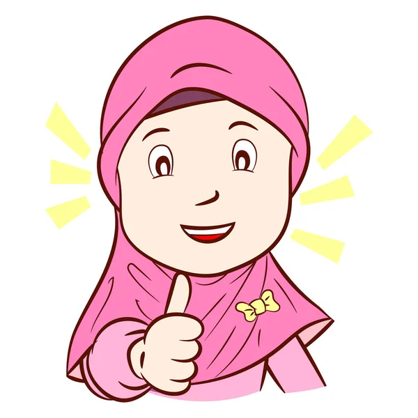 Ilustrasi Gadis Happy Muslim Adalah Jempol Atas Terisolasi Pada Latar - Stok Vektor