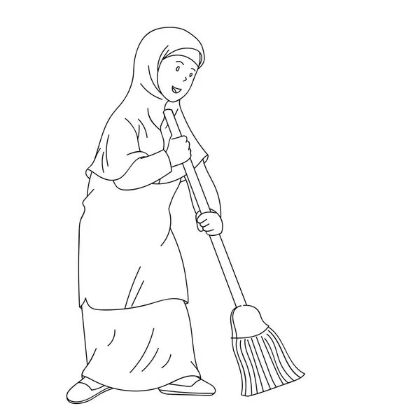 Мусульманская Женщина Подметает Метлой Очистить Дом Раскраски Книги Дизайн Детей — стоковый вектор
