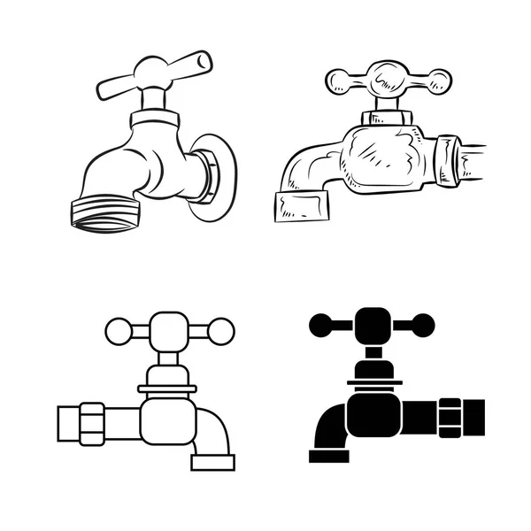 Sada Vodovodního Kohoutku Kapající Kohoutek Ikona Čáry Ručně Kreslenými Pro — Stockový vektor