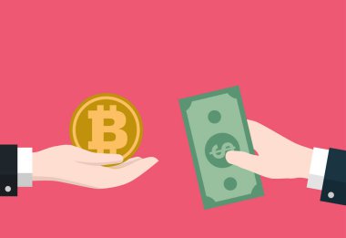 İşadamı el tutma Bitcoin ve dolar simgesi exchang, iş için için web afiş, site tasarım, Online bitcoin ödeme kavramı. Vektör çizim, düz stil vektör ikonik çizim